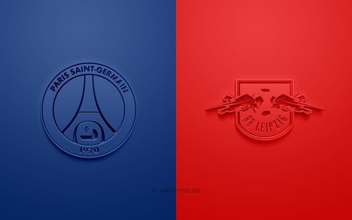PSG vs RB Lipsia, UEFA Champions League, Gruppo H, loghi 3D, sfondo rosso blu, Champions League, partita di calcio, Paris Saint-Germain, RB Lipsia