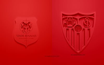 Stade Rennais vs Sevilla FC, UEFA Champions League, Group E, 3D logos, red background, Champions League, football match, FC Stade Rennais, Sevilla FC