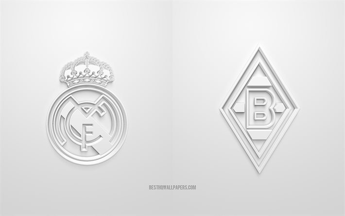 Real Madrid x Borussia Monchengladbach, UEFA Champions League, Grupo B, logotipos 3D, fundo branco, Liga dos Campe&#245;es, partida de futebol, Real Madrid, Borussia Monchengladbach