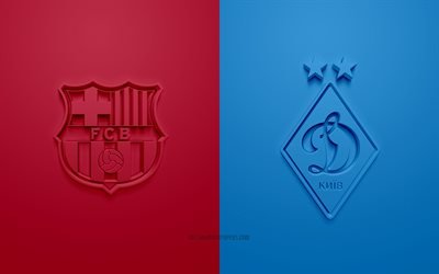 fc barcelona vs fc dynamo kiew, uefa champions league, gruppe g, 3d-logos, burgunderblauer hintergrund, champions league, fu&#223;ballspiel, fc barcelona, fc dynamo kiew