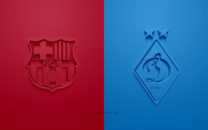 Barcelona FC vs FC Dynamo Kyiv, UEFA Champions League, Group G, 3D logos, burgundy blue background, Champions League, football match, Barcelona FC, FC Dynamo Kyiv