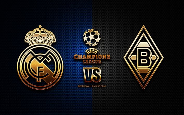 Real Madrid vs Borussia Monchengladbach, season 2020-2021, Group B, UEFA Champions League, metal grid backgrounds, golden glitter logo, Borussia Monchengladbach, Real Madrid CF, UEFA