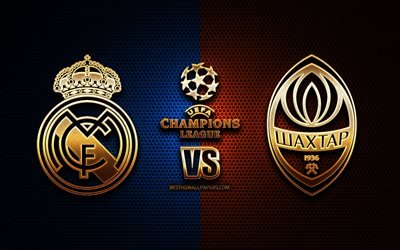 Real Madrid vs Shakhtar Donetsk, season 2020-2021, Group B, UEFA Champions League, metal grid backgrounds, golden glitter logo, Real Madrid CF, FC Shakhtar Donetsk, UEFA