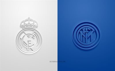 Real Madrid vs Inter Milan, UEFA Champions League, Groupe B, logos 3D, fond bleu blanc, Ligue des Champions, match de football, Real Madrid, Inter Milan, Real Madrid vs FC Internazionale