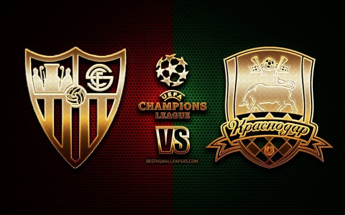 Sevilla vs Krasnodar, sezon 2020-2021, E Grubu, UEFA Şampiyonlar Ligi, metal ızgara arka planlar, altın glitter logosu, FC Krasnodar, Sevilla FC, UEFA