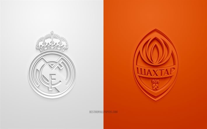 Real Madrid vs Shakhtar Donetsk, UEFA Champions League, Group B, 3D logos, white orange background, Champions League, football match, Real Madrid, Shakhtar Donetsk FC