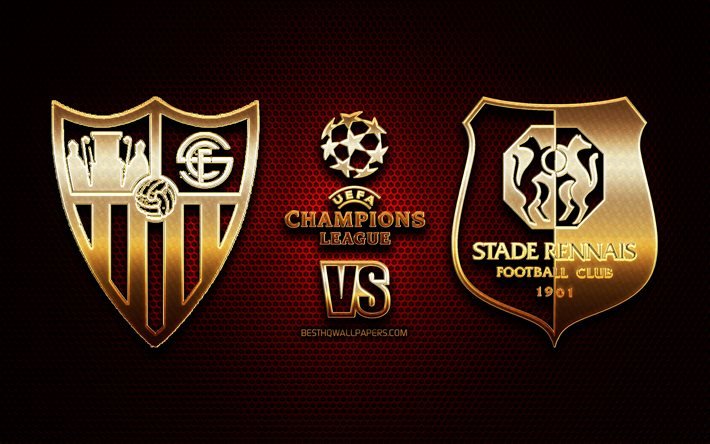 Sevilla vs Stade Rennais, season 2020-2021, Group E, UEFA Champions League, metal grid backgrounds, golden glitter logo, Stade Rennais FC, Sevilla FC, UEFA