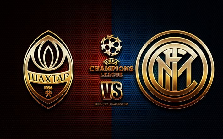 Shakhtar Donetsk vs Inter Milan, sezon 2020-2021, Grup B, UEFA Şampiyonlar Ligi, metal ızgara arka planlar, altın glitter logosu, Internazionale, FC Shakhtar Donetsk, UEFA