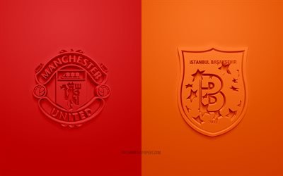 Manchester United vs Istanbul Basaksehir, UEFA Champions League, Group H, 3D logos, red orange background, Champions League, football match, Manchester United FC, Istanbul Basaksehir