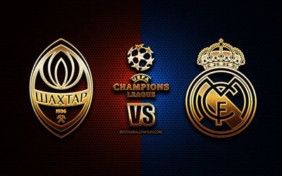 Shakhtar Donetsk vs Real Madrid, sezon 2020-2021, Grup B, UEFA Şampiyonlar Ligi, metal ızgara arka planlar, altın glitter logosu, Real Madrid CF, FC Shakhtar Donetsk, UEFA