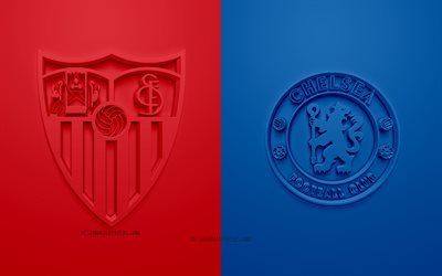 Sevilla FC vs Chelsea FC, UEFA Şampiyonlar Ligi, E Grubu, 3D logolar, kırmızı mavi arka plan, Şampiyonlar Ligi, futbol ma&#231;ı, Chelsea FC, Sevilla FC