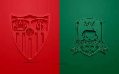 Sevilla FC vs FC Krasnodar, UEFA Champions League, Group E, 3D logos, red green background, Champions League, football match, FC Krasnodar, Sevilla FC