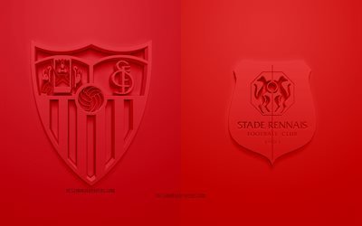 Sevilla FC vs Stade Rennais, UEFA Champions League, Group E, 3D logos, red background, Champions League, football match, FC Stade Rennais, Sevilla FC