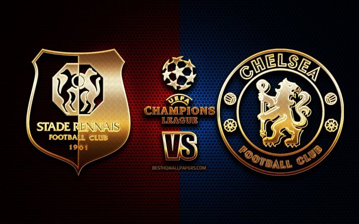 Stade Rennais vs Chelsea, sezon 2020-2021, E Grubu, UEFA Şampiyonlar Ligi, metal ızgara arka planlar, altın glitter logosu, Chelsea FC, Stade Rennais FC, UEFA