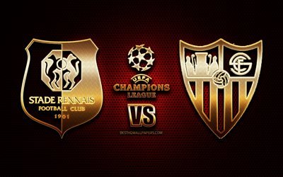 Stade Rennais vs Sevilla, sezon 2020-2021, E Grubu, UEFA Şampiyonlar Ligi, metal ızgara arka planlar, altın glitter logosu, Stade Rennais FC, Sevilla FC, UEFA