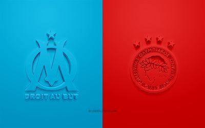 Olympique de Marsilya vs Olympiakos, UEFA Şampiyonlar Ligi, Grup С, 3D logolar, mavi kırmızı arka plan, Şampiyonlar Ligi, futbol ma&#231;ı, Olympique de Marsilya, Olympiacos