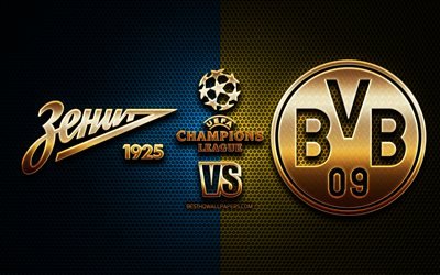Zenit vs Borussia Dortmund, season 2020-2021, Group F, UEFA Champions League, metal grid backgrounds, golden glitter logo, BVB, FC Zenit, UEFA