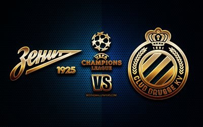 Zenit vs Brugge, season 2020-2021, Group F, UEFA Champions League, metal grid backgrounds, golden glitter logo, BVB, FC Zenit, UEFA