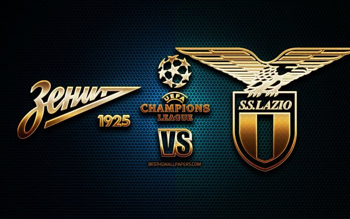 Zenit vs Lazio, s&#228;song 2020-2021, Grupp F, UEFA Champions League, metal grid bakgrunder, gyllene glitter logotyp, FC Zenit, SS Lazio, UEFA