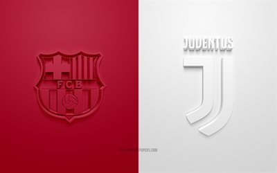 Barcelona FC vs Juventus FC, UEFA Şampiyonlar Ligi, G Grubu, 3D logolar, bordo beyaz arka plan, Şampiyonlar Ligi, futbol ma&#231;ı, Juventus FC, Barcelona FC