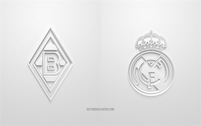 Borussia Monchengladbach vs Real Madrid, LIGUE DES CHAMPIONS DE L’UEFA, Groupe B, Logos 3D, fond blanc, Ligue des Champions, match de football, Real Madrid, Borussia Monchengladbach