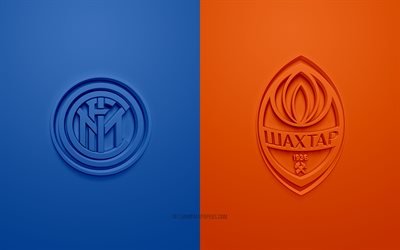 Inter Milan vs Shakhtar Donetsk, UEFA Champions League, Group B, 3D logos, blue orange background, Champions League, football match, Inter Milan, Shakhtar Donetsk FC, Internazionale vs Shakhtar Donetsk