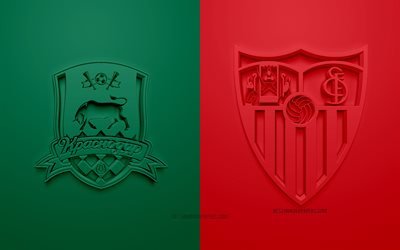 FC Krasnodar vs Sevilla FC, UEFA Champions League, Group E, 3D logos, green red background, Champions League, football match, FC Krasnodar, Sevilla FC