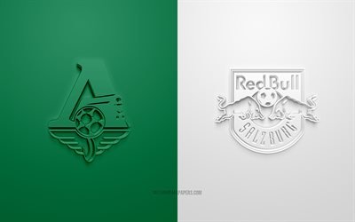 Lokomotiv Moscow vs Red Bull Salzburg, UEFA Champions League, Group А, 3D logos, green white background, Champions League, football match, FC Lokomotiv Moscow, Red Bull Salzburg