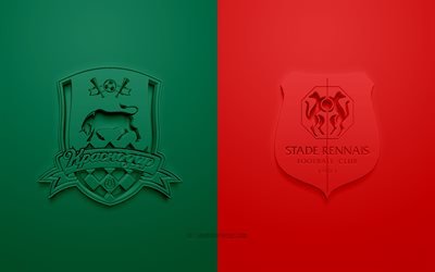 FC Krasnodar vs Stade Rennais, UEFA Champions League, Group E, 3D logos, green red background, Champions League, football match, FC Krasnodar, Stade Rennais
