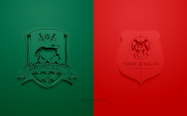 FC Krasnodar vs Stade Rennais, UEFA Şampiyonlar Ligi, E Grubu, 3D logolar, yeşil kırmızı arka plan, Şampiyonlar Ligi, futbol ma&#231;ı, FC Krasnodar, Stade Rennais