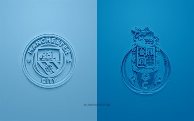 Manchester City FC vs FC Porto, UEFA Champions League, Groupe С, logos 3D, fond bleu, Ligue des Champions, match de football, Manchester City FC, FC Porto