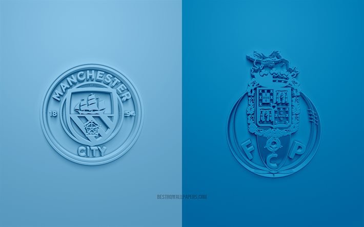 Manchester City FC vs FC Porto, UEFA Champions League, Gruppo, Loghi 3D, sfondo blu, Champions League, partita di calcio, Manchester City FC, FC Porto