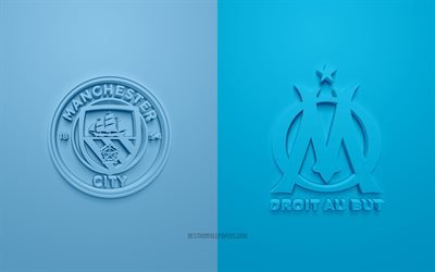 Manchester City FC vs Olympique de Marseille, UEFA Champions League, Group С, 3D logos, blue background, Champions League, football match, Manchester City FC, Olympique de Marseille