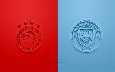 Olympiacos vs Manchester City FC, UEFA Champions League, Groupe С, logos 3D, fond bleu rouge, Ligue des Champions, match de football, Manchester City FC, Olympiacos