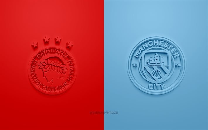 Olympiacos vs Manchester City FC, UEFA Champions League, Group С, 3D logos, red blue background, Champions League, football match, Manchester City FC, Olympiacos