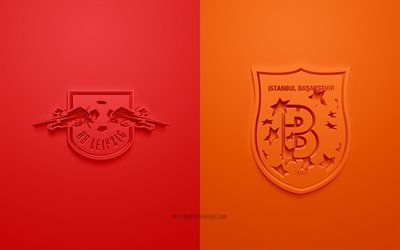 RB Leipzig vs Istanbul Basaksehir, l&#39;UEFA Ligue des Champions, dans le Groupe H, logos 3D, rouge sur fond orange, de la Ligue des Champions, match de football, RB Leipzig, Istanbul Basaksehir