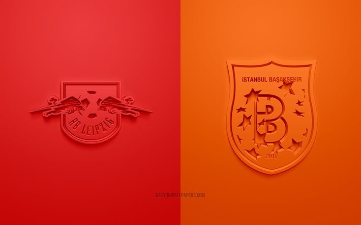 RB Leipzig vs Başakşehir em Istambul, UEFA Champions League, Grupo H, Logotipos 3D, vermelho laranja de fundo, Liga Dos Campe&#245;es, partida de futebol, RB Leipzig, Başakşehir Em Istambul