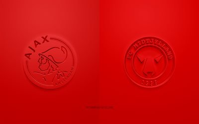 Ajax Amsterdam vs FC Midtjylland, UEFA Şampiyonlar Ligi, D Grubu, 3D logolar, kırmızı arka plan, Şampiyonlar Ligi, futbol ma&#231;ı, Ajax Amsterdam, FC Midtjylland