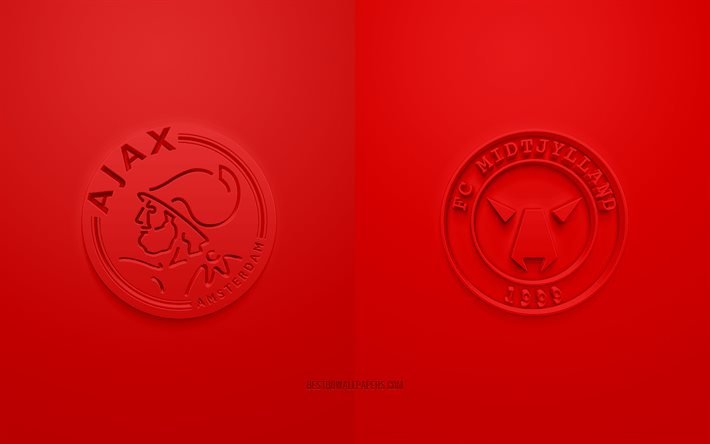 Ajax Amsterdam vs FC Midtjylland, LIGUE DES CHAMPIONS DE L’UEFA, Groupe D, Logos 3D, fond rouge, Ligue des Champions, match de football, Ajax Amsterdam, FC Midtjylland