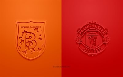 Istanbul Basaksehir vs Manchester United, UEFA Champions League, Groupe H, logos 3D, fond rouge orange, Ligue des Champions, match de football, Manchester United FC, Istanbul Basaksehir