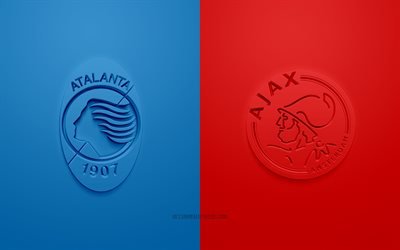 Atalanta vs Ajax Amsterdam, UEFA Champions League, Group D, 3D logos, blue red background, Champions League, football match, Manchester City FC, Atalanta