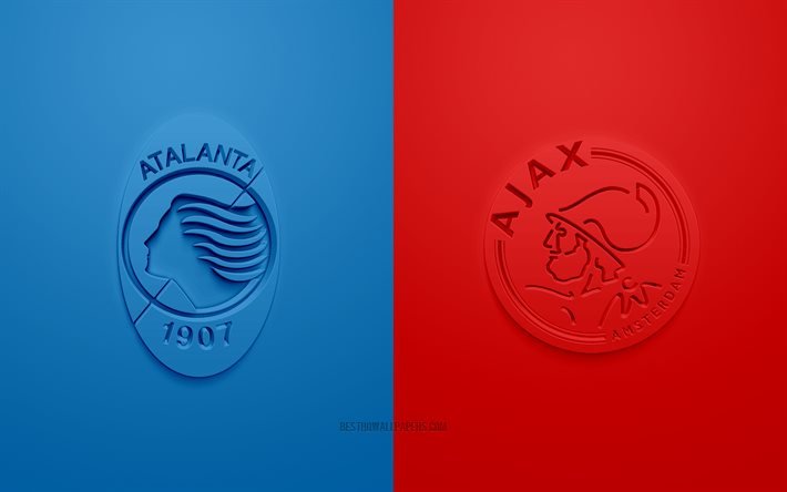 Atalanta vs Ajax Amsterdam, UEFA Champions League, Grupp D, 3D-logotyper, bl&#229; r&#246;d bakgrund, Champions League, fotbollsmatch, Manchester City FC, Atalanta