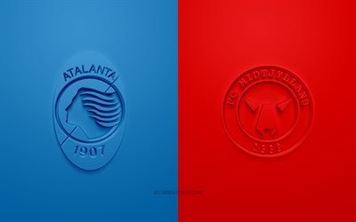 Atalanta vs FC Midtjylland, UEFA Champions League, Group D, 3D logos, blue red background, Champions League, football match, Manchester City FC, FC Midtjylland