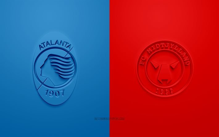 Atalanta vs MIDtjylland, UEFA Champions League, Gruppo D, loghi 3D, sfondo rosso blu, Champions League, partita di calcio, Manchester City FC, FC Midtjylland
