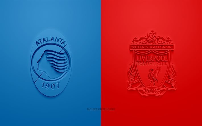 Atalanta vs Liverpool FC, UEFA Champions League, Groupe D, logos 3D, fond rouge bleu, Ligue des Champions, match de football, Atalanta, Liverpool FC