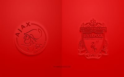 Ajax Amsterdam vs Liverpool FC, UEFA Champions League, Grupp D, 3D-logotyper, röd bakgrund, Champions League, fotbollsmatch, Ajax Amsterdam, Liverpool FC