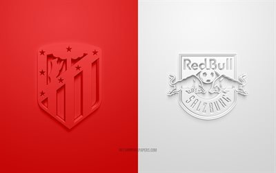 Atletico Madrid vs Red Bull Salzbourg, LIGUE DES CHAMPIONS DE L’UEFA, Groupe А, Logos 3D, fond blanc rouge, Ligue des Champions, match de football, Atletico Madrid, Red Bull Salzbourg