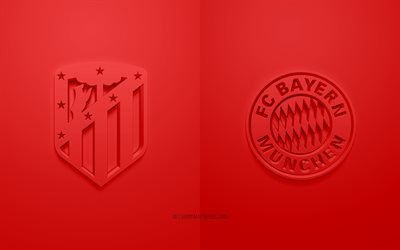 Atletico Madrid vs Bayern Munich, LIGUE DES CHAMPIONS DE L’UEFA, Groupe А, Logos 3D, fond rouge, Ligue des Champions, match de football, Atletico Madrid, FC Bayern Munich