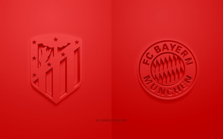 Atletico Madrid vs Bayern Munich, UEFA Champions League, Group А, 3D logos, red background, Champions League, football match, Atletico Madrid, FC Bayern Munich