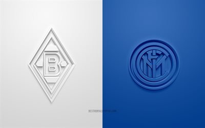 Borussia M&#246;nchengladbach vs Inter Milan, UEFA Şampiyonlar Ligi, B Grubu, 3D logolar, beyaz mavi arka plan, Şampiyonlar Ligi, futbol ma&#231;ı, FC Internazionale, Borussia Monchengladbach